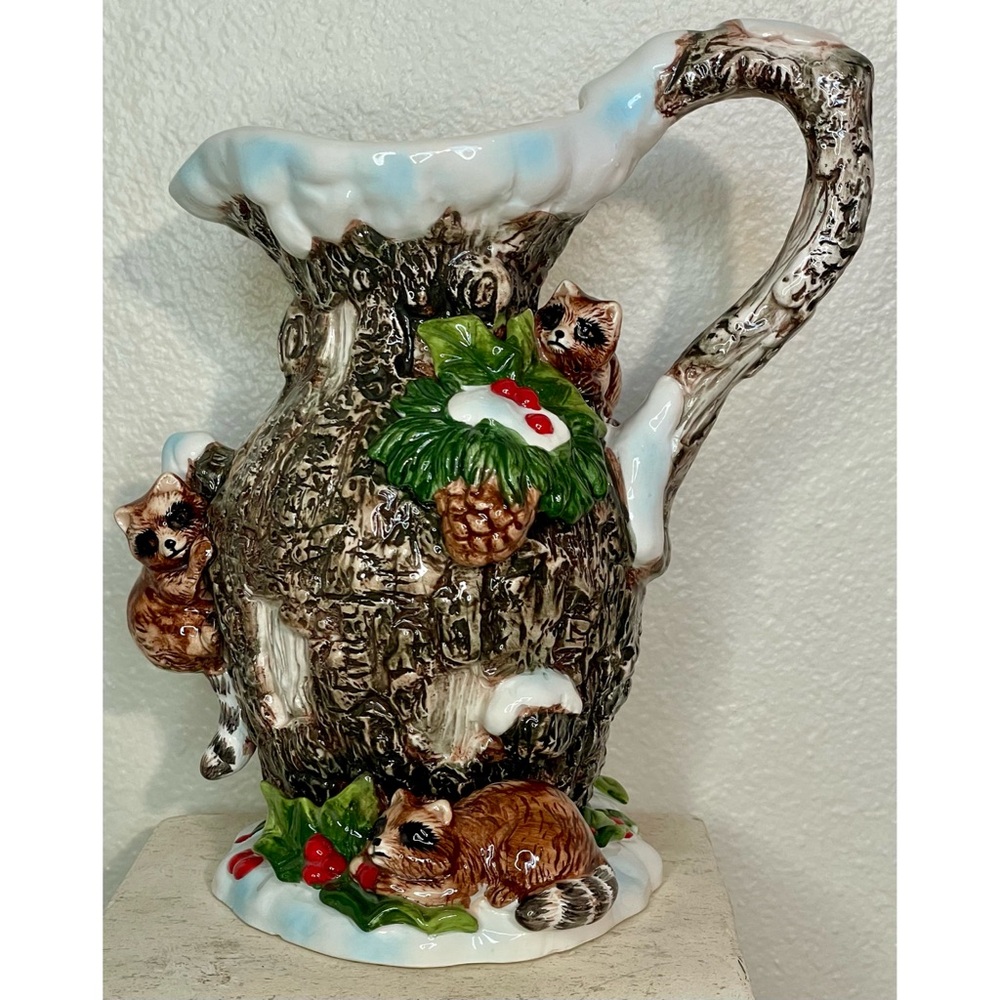 Snowy Raccoon Treehouse Majolica Pitcher
